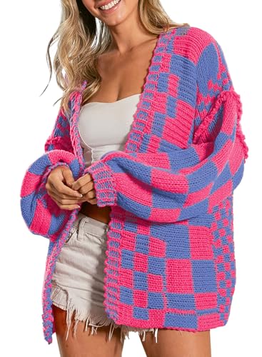 SELINK Damen-Strickjacke, Vintage-Stil, vorne offen, gemischtes Karomuster, Grobstrick, kariert, langärmelig, tägliche Outwear, Pink, Groß SELINK Damen-Strickjacke, Vintage-Stil, vorne offen, gemischtes Karomuster, Grobstrick, kariert, langärmelig, tägliche Outwear, Pink, Groß von SELINK