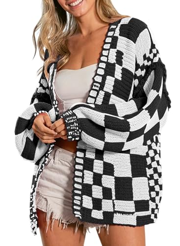 SELINK Damen-Strickjacke, Vintage-Stil, vorne offen, gemischtes Karomuster, Grobstrick, kariert, langärmelig, tägliche Outwear, Schwarz, Klein von SELINK