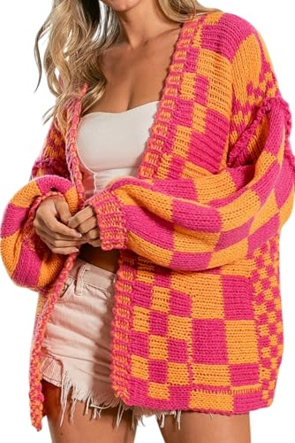 SELINK Damen-Strickjacke, Vintage-Stil, vorne offen, gemischtes Karomuster, Strick, kariert, langärmelig, für den Alltag, Mehrfarbig, Groß von SELINK