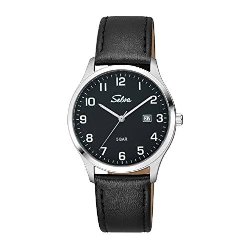 SELVA Herren-Armbanduhr, Quarz, Edelstahlgehäuse, Lederarmband, Dornschließe, 5 bar (Schwarz) von SELVA