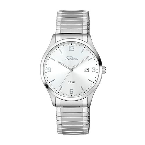 SELVA Herren-Armbanduhr, Quarz, Index und Ziffern, Edelstahlgehäuse, Flexibles Zugband, 5 bar von SELVA