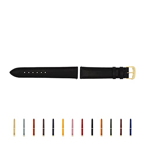 SELVA Uhrenarmband, 14-24 mm, Leder, zum Wechseln, Ersatzarmband für Smartwatch, Made in Germany, Größe:16 mm, Farbe:Schwarz mit Goldener Schließe von SELVA