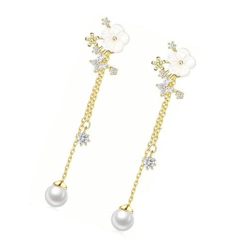 Langketten Drop Ohrringe Funkelnde Cz Stones Blumen Simulierte Perlen Brautschmuck Gold Oder Versilbertes Design Vintage Inspirierte Perlen Drop Ohrringe von SELVFZ