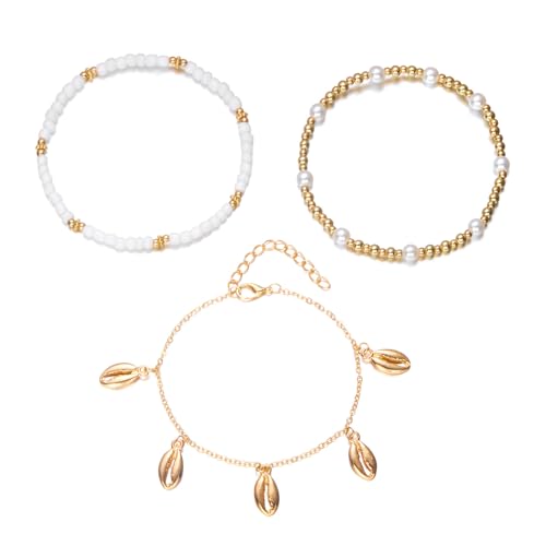 Layering Stapelbarer Fußkettchen Für Frauen Mit Muschelstärker Perlen Beach Schmucklegierung Faux Pearls Seaside Accessoire Themeed Multi Layer Verstellbarkette von SELVFZ