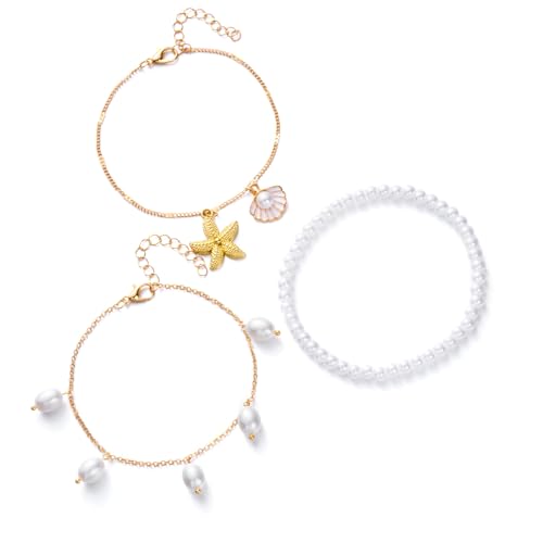Layering Stapelbarer Fußkettchen Für Frauen Mit Muschelstärker Perlen Beach Schmucklegierung Faux Pearls Seaside Accessoire Themeed Multi Layer Verstellbarkette von SELVFZ