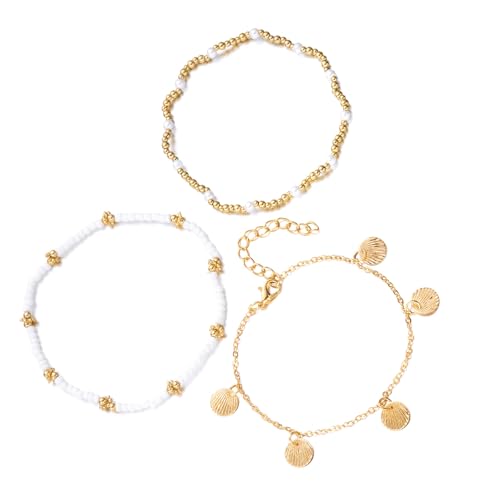 Layering Stapelbarer Fußkettchen Für Frauen Mit Muschelstärker Perlen Beach Schmucklegierung Faux Pearls Seaside Accessoire Themeed Multi Layer Verstellbarkette von SELVFZ