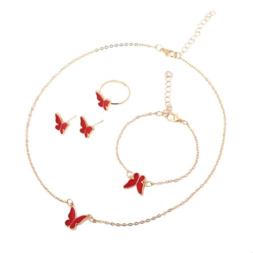SELVFZ 4PCS Butterfly Schmuck Set Halskette Ohrringe Armband & Ringe Anhänger Charm Halschain Geburtstagsgeschenk Für Frauen Offen Gestalteter von SELVFZ