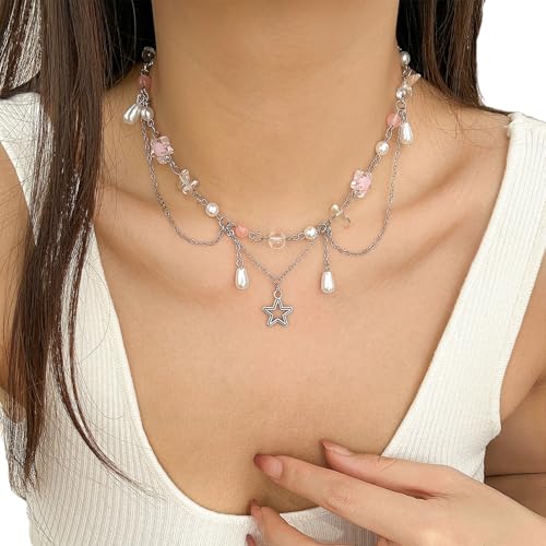 SELVFZ Moderne Mehrschichtige Star Anhänger Imitation Perlen Halskette Verstellbare Länge Neckchain Legierung Schmuck Geschenk Für Frauen Männer Leichte Party Halskette Für Teenager von SELVFZ