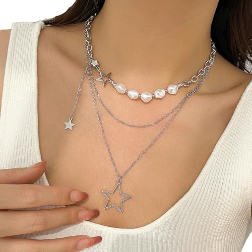 SELVFZ Moderne Mehrschichtige Star Anhänger Imitation Perlen Halskette Verstellbare Länge Neckchain Legierung Schmuck Geschenk Für Frauen Männer Leichte Party Halskette Für Teenager von SELVFZ
