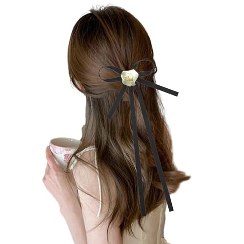 Haarspangen mit Schleife und langem Schwanz, schwarze Haarschleifen, süße Haarschleife, Pferdeschwanz-Clips für Mädchen, Frauen, Haarschleifen, Rosen-Haarspangen, Mädchen, Schleife, Haarspangen, süße von SELiLe