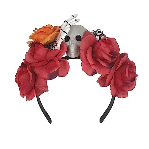 Modischer, mehrfarbiger Blumen- und Totenkopf-Haarreif für Halloween, Bühne, Hochzeit, Party, Damen-Styling, Stirnband, Halloween, Blumen-Haarband von SELiLe