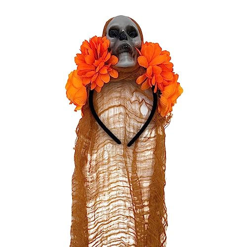 SELiLe Blumen- und Totenkopf-Stirnband für Damen, Halloween, Party, Haarreif mit Schleier, Haarband, Frau, Fotografieren, Haarschmuck, Halloween-Kopfbedeckung von SELiLe