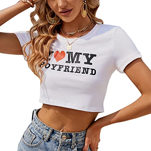 SELiLe Damen T-Shirt mit Buchstabendruck I Love My Boyfriend Crop Top Slim Casual T-Shirt Kurzarm mit Rundhalsausschnitt von SELiLe