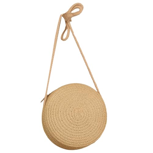 Strandtasche, handgewebte Tasche für Damen, Mädchen, Schultertasche für Handy, Lippenstifte, modisch, rund, Stroh, gewebte Tasche, stilvolle Gras-gewebte Tasche, beige von SELiLe