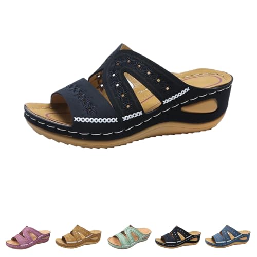 SEMETS Blisscomfy Lismali Orthopädische Sandalen mit Fußgewölbeunterstützung, breite Zehenbox, offene Zehenpartie, Damen-Sandalen mit Fußgewölbeunterstützung, Schwarz , 34 EU von SEMETS