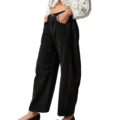 SEMETS Damen Baggy Boyfriend Jeans Mid Rise Barrel Jeans Vintage Wide Leg Mid Rise Barrel Denim Ankle Pants Boyfriend Jeans, Schwarz , S von SEMETS
