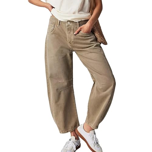 SEMETS Damen Baggy Boyfriend Jeans Mid Rise Barrel Jeans Vintage Wide Leg Mid Rise Barrel Denim Ankle Pants Boyfriend Jeans, camel, S von SEMETS