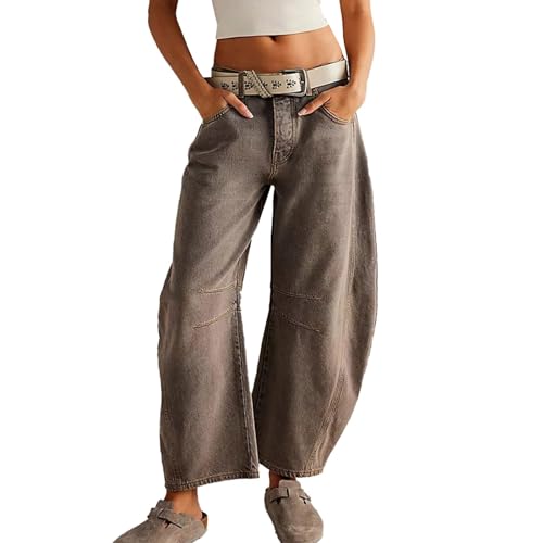SEMETS Damen Baggy Boyfriend Jeans Mid Rise Barrel Jeans Vintage Wide Leg Mid Rise Barrel Denim Ankle Pants Boyfriend Jeans, caramel, S von SEMETS