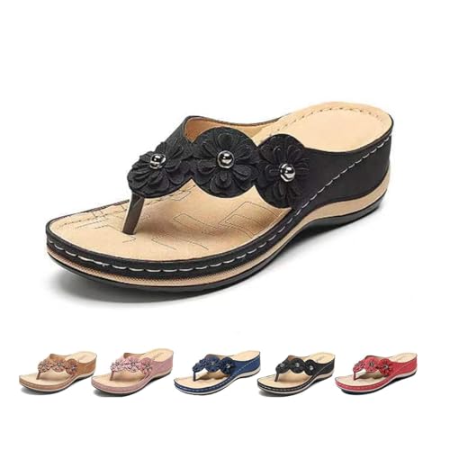 SEMETS Orthopädische Sandalen für Damen, Fußgewölbeunterstützung, Blumen, Clip-Toe, bequeme Wandersandalen, offene Zehen, Keilsandalen, Schwarz , 35 EU von SEMETS