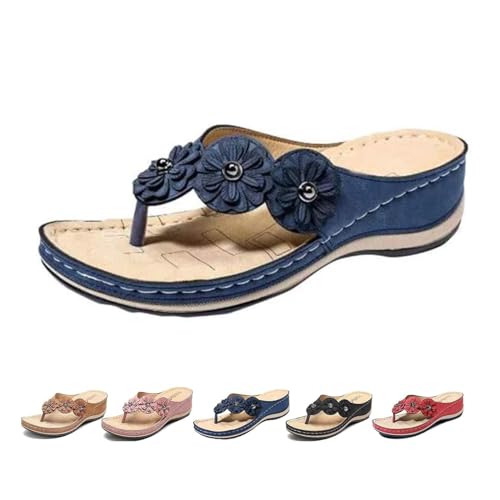 SEMETS Orthopädische Sandalen für Damen, Fußgewölbeunterstützung, Blumen, Clip-Toe, bequeme Wandersandalen, offene Zehen, Keilsandalen, blau, 35 EU von SEMETS