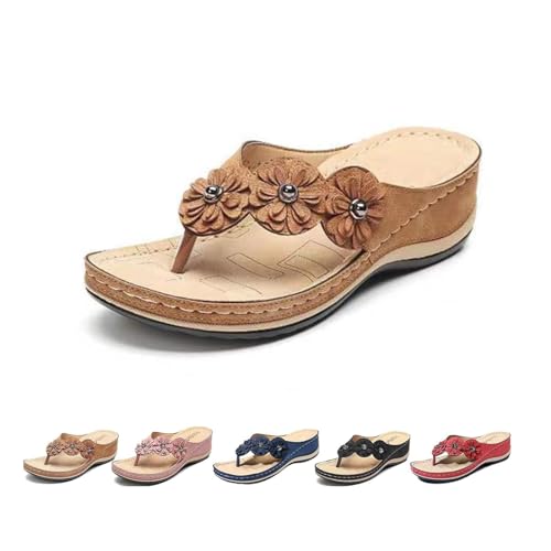 SEMETS Orthopädische Sandalen für Damen, Fußgewölbeunterstützung, Blumen, Clip-Toe, bequeme Wandersandalen, offene Zehen, Keilsandalen, braun, 35 EU von SEMETS