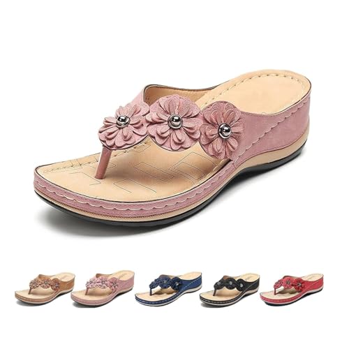 SEMETS Orthopädische Sandalen für Damen, Fußgewölbeunterstützung, Blumen, Clip-Toe, bequeme Wandersandalen, offene Zehen, Keilsandalen, rose, 35 EU von SEMETS