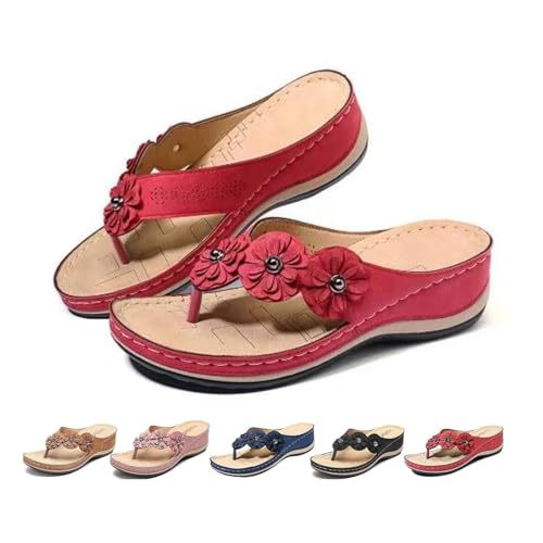 SEMETS Orthopädische Sandalen für Damen, Fußgewölbeunterstützung, Blumen, Clip-Toe, bequeme Wandersandalen, offene Zehen, Keilsandalen, rot, 35 EU von SEMETS