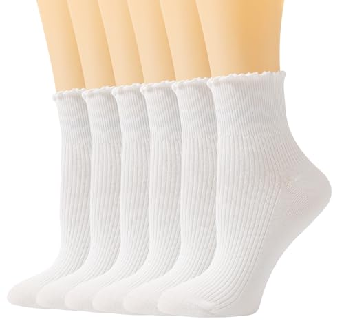 SEMOHOLLI Damen-Socken mit Rüschen, Knöchelsocken, Rüschen, Drehmanschette, schöne Doppelnadel, einfarbig, Ränder, 6 Paare weiß, 37-42 EU von SEMOHOLLI