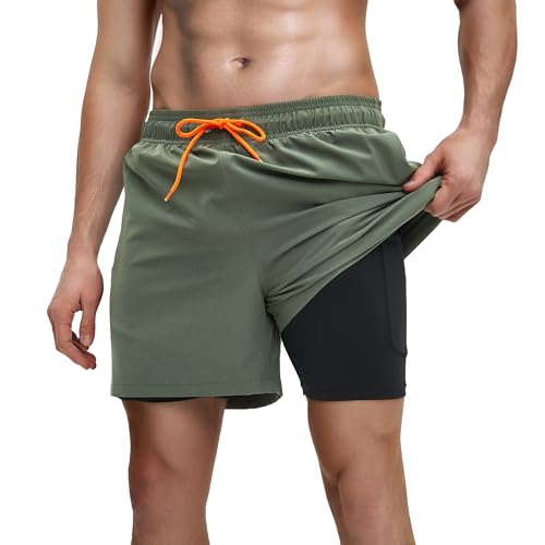 SEMPERFUN Badeshorts Herren, Badehose Herren Schnelltrocknend, Badehosen für Herren Jungen, Badeshorts für Männer, Lang Schwimmhose Herren, Badehose Herren mit Innenhose Taschen, M, Armeegrün von SEMPERFUN