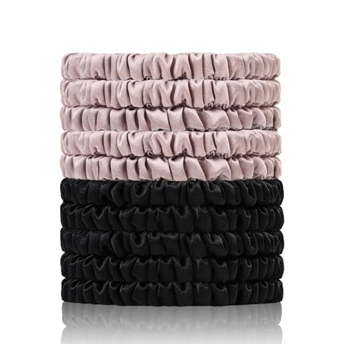 Haargummis aus 100 % reiner Maulbeerseide, 22 Momme (10 Stück) – kleine Haargummis und Bänder für Frauen, Schlaf, Haarpflege, keine Schäden, 5 x Schwarz, 5 x Lotusrosa von SEMRUE