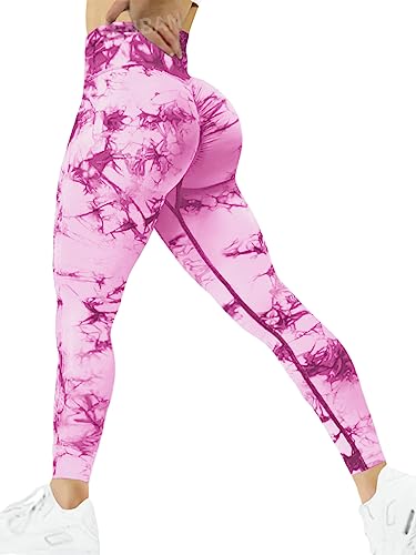 SENBAN Scrunch Butt Lift Leggings für Damen, hohe Taille, nahtlose Yogahose, Workout, Fitnessstudio, Kompressionsstrumpfhose, Batik-Rosa, Medium Lange von SENBAN