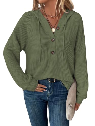 SENBATU Hoodie Damen Langarm Knopfleiste Pullover V-Ausschnitt Kapuzenpullover Sweatshirt mit Kordelzug Armeegrün Groß von SENBATU