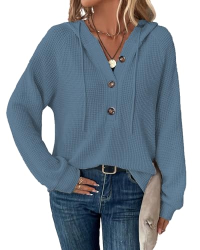 SENBATU Hoodie Damen Langarm Knopfleiste Pullover V-Ausschnitt Kapuzenpullover Sweatshirt mit Kordelzug Graublau Klein von SENBATU