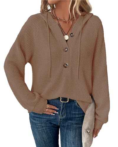 SENBATU Hoodie Damen Langarm Knopfleiste Pullover V-Ausschnitt Kapuzenpullover Sweatshirt mit Kordelzug Kaffee X-Large von SENBATU