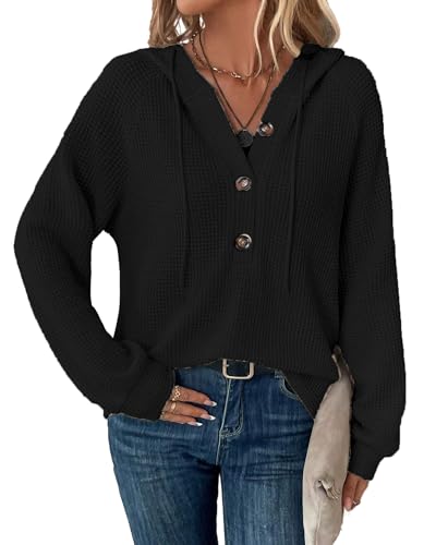 SENBATU Hoodie Damen Langarm Knopfleiste Pullover V-Ausschnitt Kapuzenpullover Sweatshirt mit Kordelzug Schwarz Klein von SENBATU