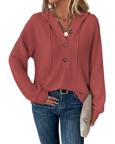 SENBATU Hoodie Damen Langarm Knopfleiste Pullover V-Ausschnitt Kapuzenpullover Sweatshirt mit Kordelzug Ziegelrot Mittel von SENBATU