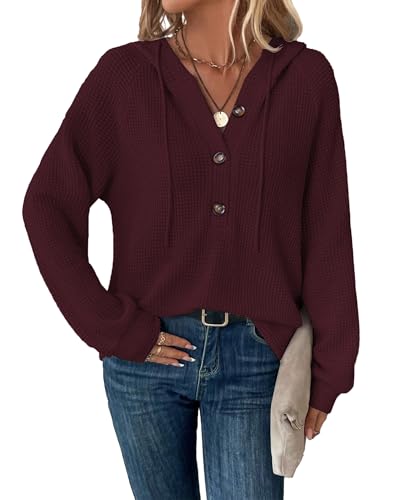 SENBATU Hoodie Damen Langarm Knopfleiste Pullover V-Ausschnitt Kapuzenpullover Sweatshirt mit Kordelzug Burgunderrot Groß von SENBATU