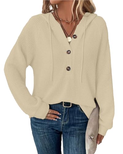 SENBATU Hoodie Damen Langarm Knopfleiste Pullover V-Ausschnitt Kapuzenpullover Sweatshirt mit Kordelzug Creme X-Large von SENBATU