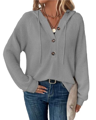 SENBATU Hoodie Damen Langarm Knopfleiste Pullover V-Ausschnitt Kapuzenpullover Sweatshirt mit Kordelzug Dunkelgrau Mittel von SENBATU