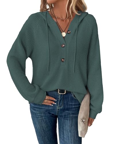 SENBATU Hoodie Damen Langarm Knopfleiste Pullover V-Ausschnitt Kapuzenpullover Sweatshirt mit Kordelzug Dunkelgrün Klein von SENBATU
