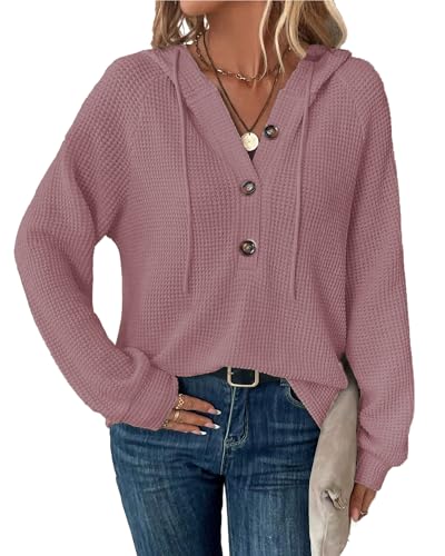 SENBATU Hoodie Damen Langarm Knopfleiste Pullover V-Ausschnitt Kapuzenpullover Sweatshirt mit Kordelzug Dunkelrosa X-Large von SENBATU