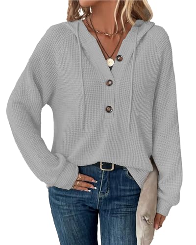 SENBATU Hoodie Damen Langarm Knopfleiste Pullover V-Ausschnitt Kapuzenpullover Sweatshirt mit Kordelzug Hellgrau Klein von SENBATU
