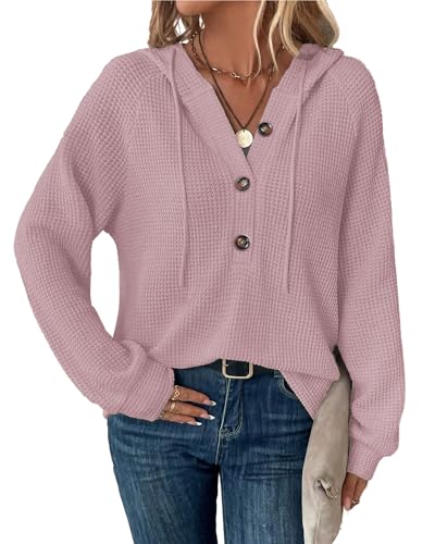 SENBATU Hoodie Damen Langarm Knopfleiste Pullover V-Ausschnitt Kapuzenpullover Sweatshirt mit Kordelzug Hellrosa Klein von SENBATU