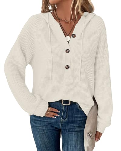 SENBATU Hoodie Damen Langarm Knopfleiste Pullover V-Ausschnitt Kapuzenpullover Sweatshirt mit Kordelzug Weiß XX-Large von SENBATU