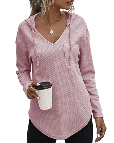 SENBATU Hoodie Damen Langarm Pullover V-Ausschnitt Kapuzenpullover Sweatshirt mit Kordelzug und Taschen Altrosa Klein von SENBATU