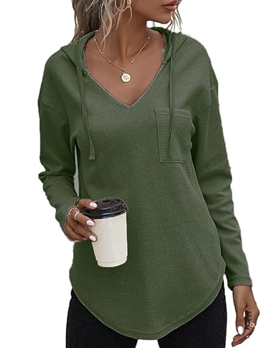 SENBATU Hoodie Damen Langarm Pullover V-Ausschnitt Kapuzenpullover Sweatshirt mit Kordelzug und Taschen Armeegrün Groß von SENBATU