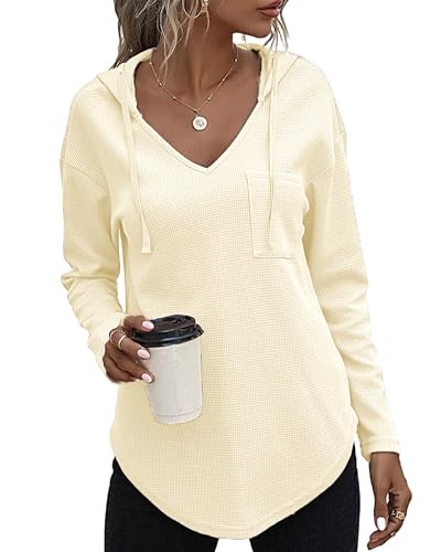 SENBATU Hoodie Damen Langarm Pullover V-Ausschnitt Kapuzenpullover Sweatshirt mit Kordelzug und Taschen Creme Groß von SENBATU