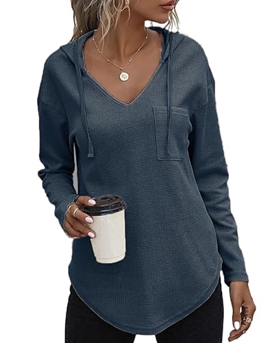 SENBATU Hoodie Damen Langarm Pullover V-Ausschnitt Kapuzenpullover Sweatshirt mit Kordelzug und Taschen Graublau X-Large von SENBATU