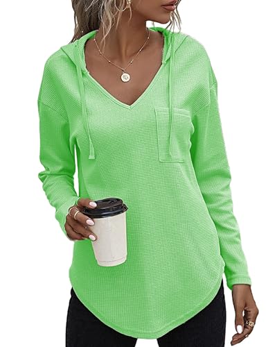 SENBATU Hoodie Damen Langarm Pullover V-Ausschnitt Kapuzenpullover Sweatshirt mit Kordelzug und Taschen Grüner Apfel Groß von SENBATU