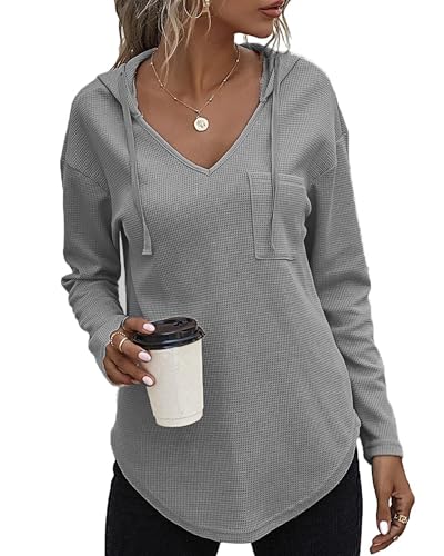 SENBATU Hoodie Damen Langarm Pullover V-Ausschnitt Kapuzenpullover Sweatshirt mit Kordelzug und Taschen Hellgrau Klein von SENBATU